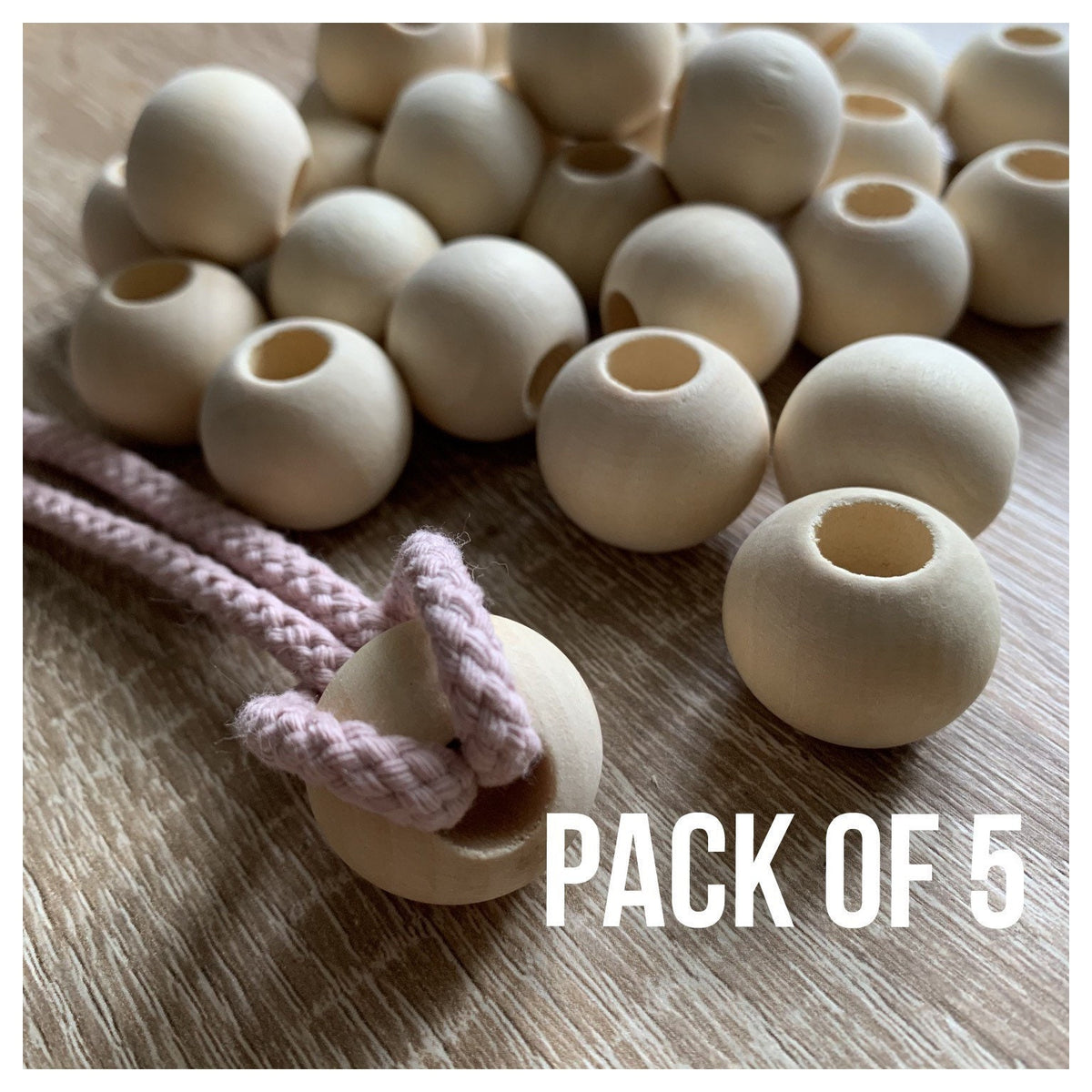 19mm Large Hole Wooden Beads - x5 Natural