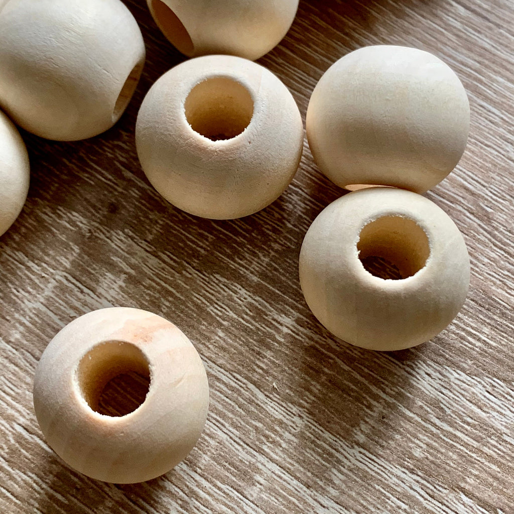 19mm Large Hole Wooden Beads - x5 Natural
